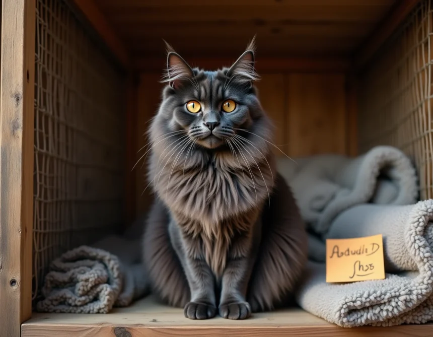 Maine Coon black smoke adulte assis dans un refuge d'adoption, regard expressif et fourrure soyeuse aux reflets argentés