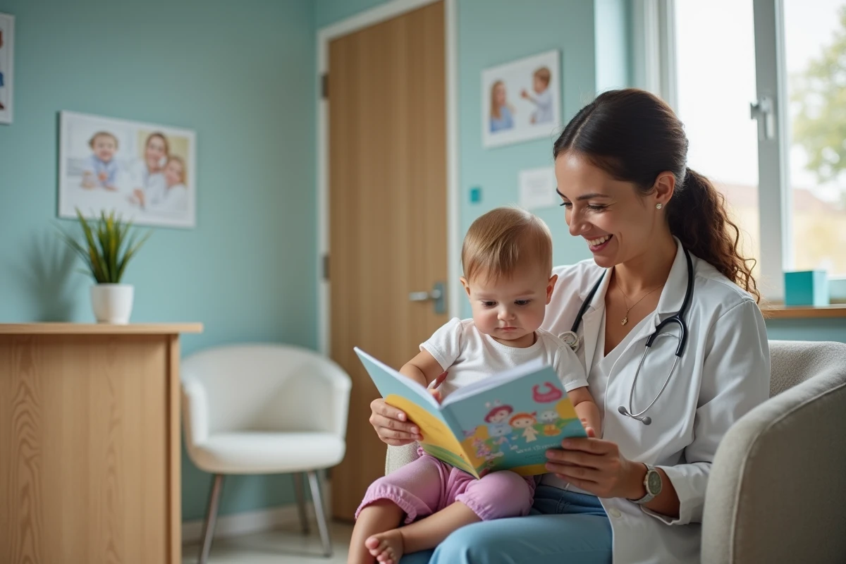 Maman avec bébé regardant brochure d