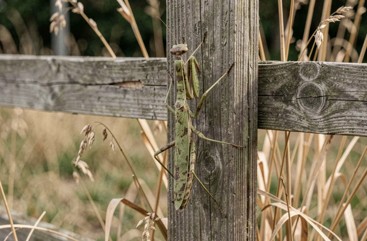 Mante religieuse camouflée sur un vieux piquet de clôture en bois dans un jardin, détails des pattes ravisseuses et des yeux à facettes visibles