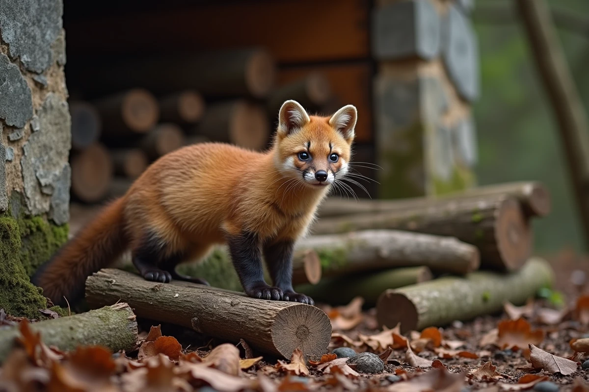 Martre européenne sur du bois de chauffage en campagne