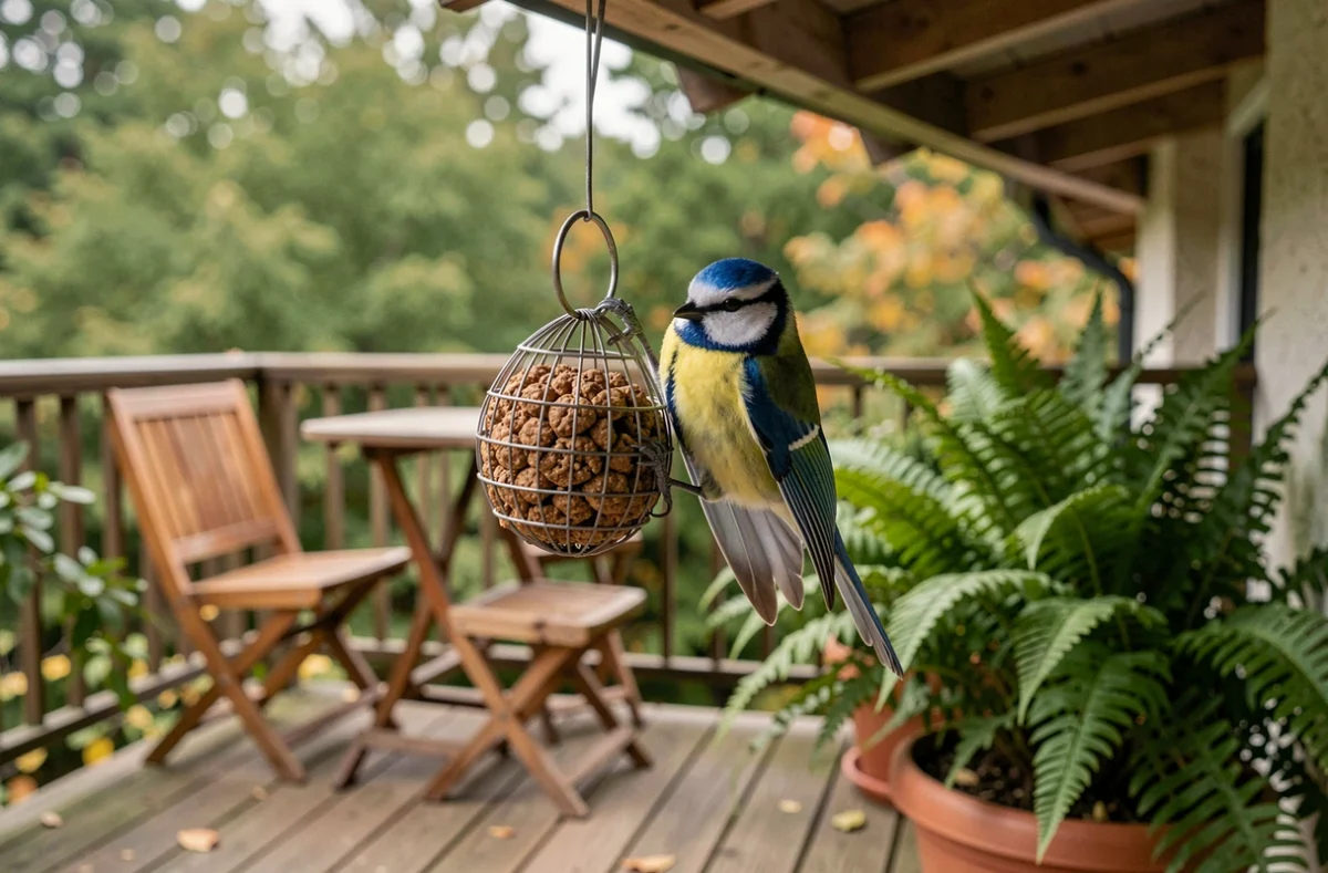 Mésange bleue accrochée à une boule de graisse sur un balcon avec fougères en pot