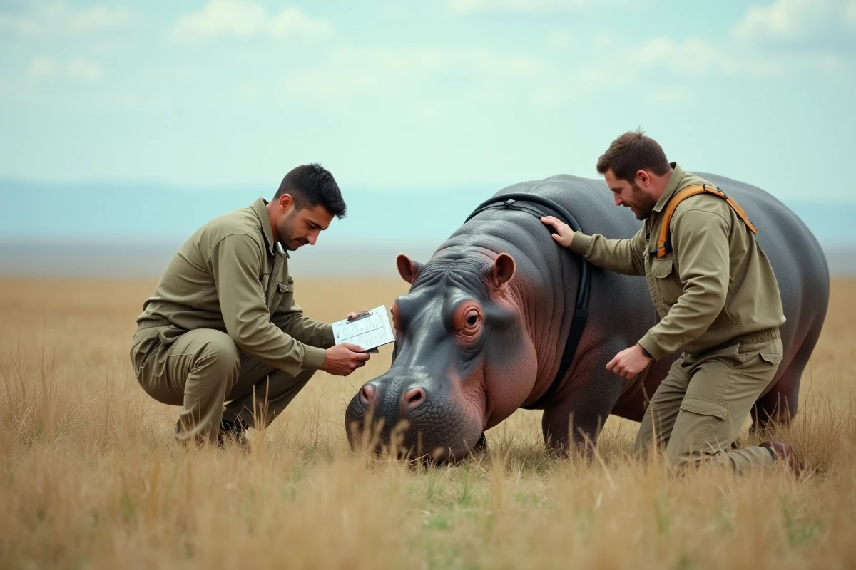 Biologiste mesurant le poids d'un hippopotame sur le terrain lors d'une opération de conservation en savane