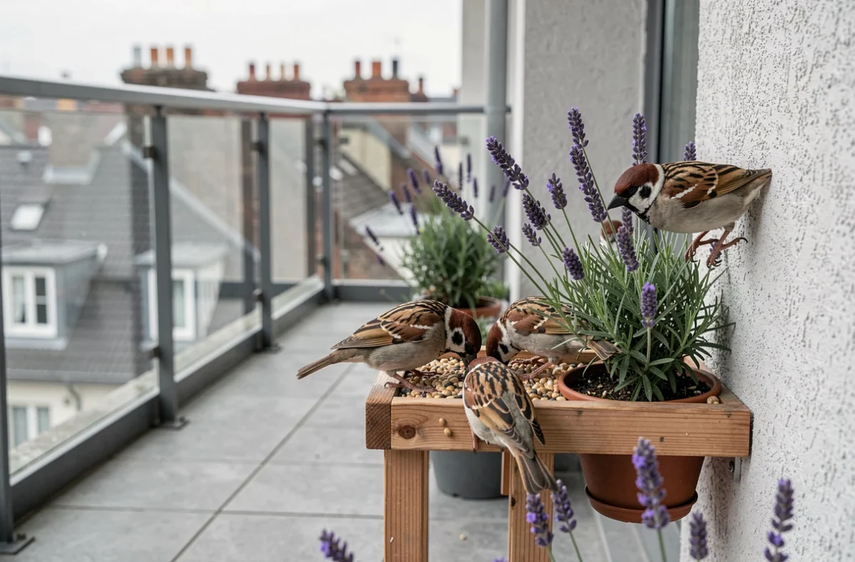 Groupe de moineaux domestiques se nourrissant à une mangeoire sur un balcon urbain