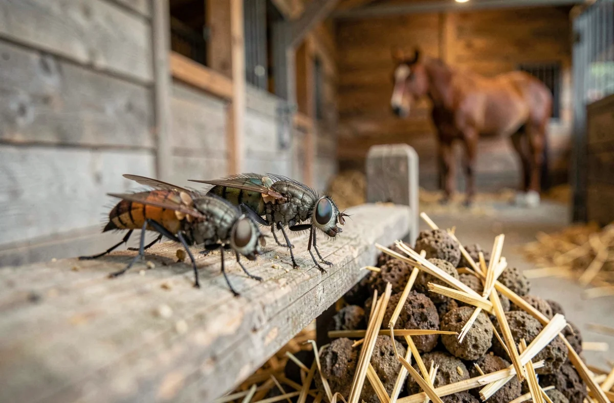 Gros plan macro sur des mouches posées sur une barre en bois dans une écurie équestre, avec de la paille et un cheval flou en arrière-plan, illustrant la problématique des mouches liées au fumier
