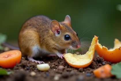 Mulot des champs explorant un tas de compost avec des épluchures de légumes et de fruits dans un jardin