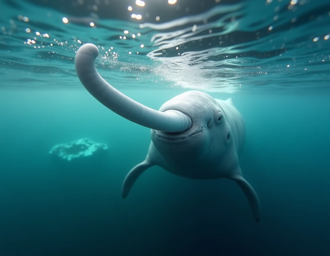 Narval nageant sous la surface de l'océan Arctique avec sa corne spiralée, célèbre animal en N pour le petit Bac
