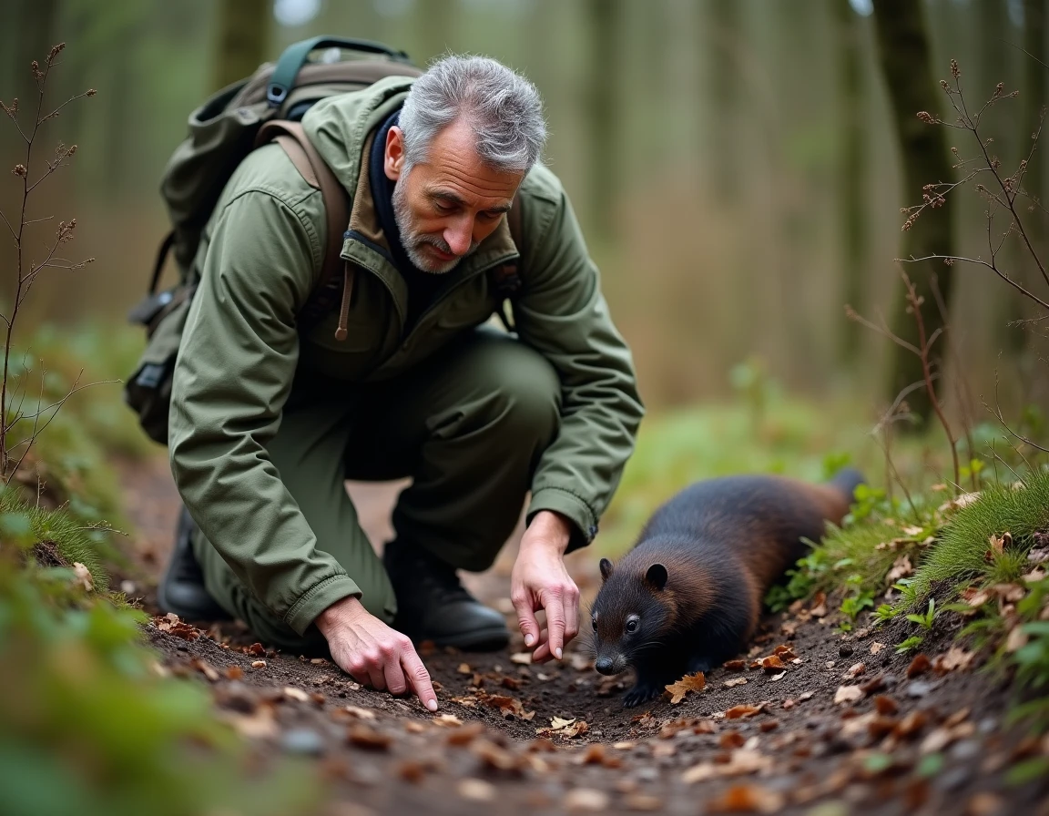Naturaliste observant des crottes de blaireau au bord d'un sentier forestier lors d'un relevé de terrain
