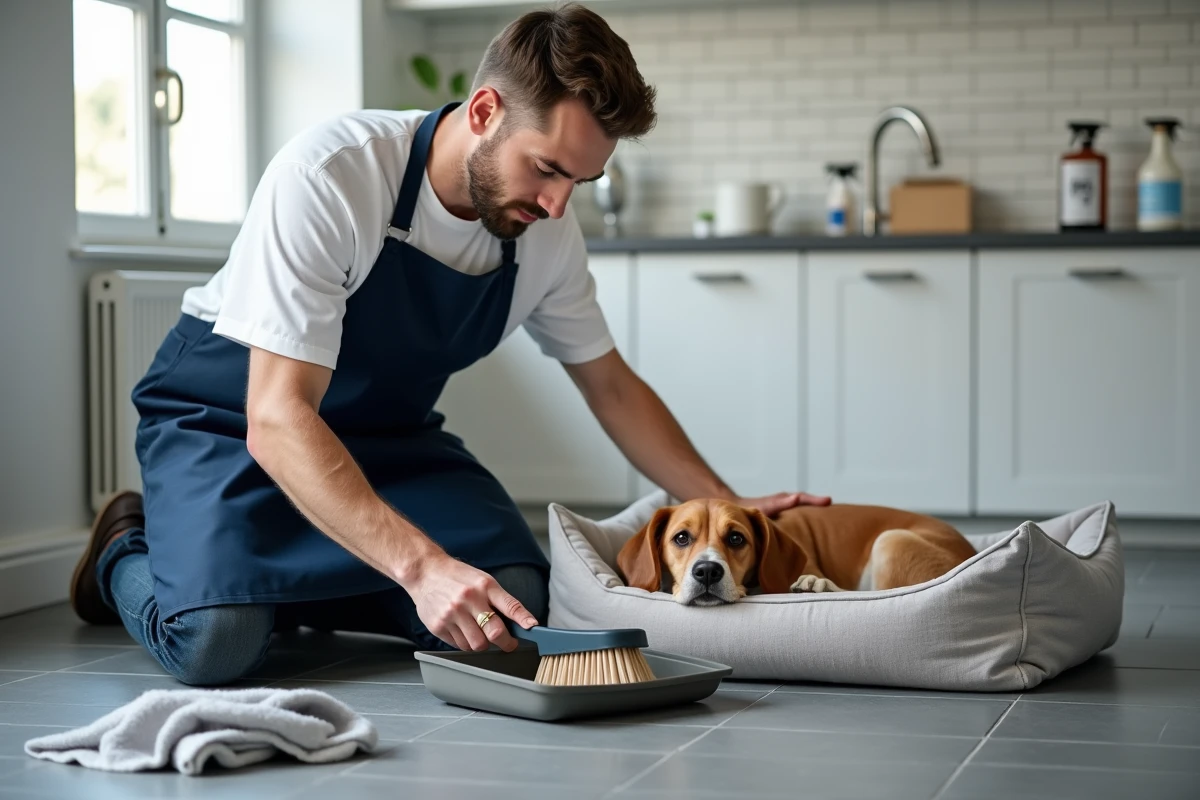 Homme nettoyant des crottes de puce autour d'un panier pour chien sur carrelage gris dans une buanderie