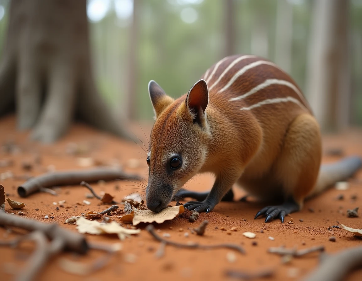 Numbat fouillant les feuilles d'eucalyptus dans un bois australien, exemple d'animal commençant par N pour le scrabble