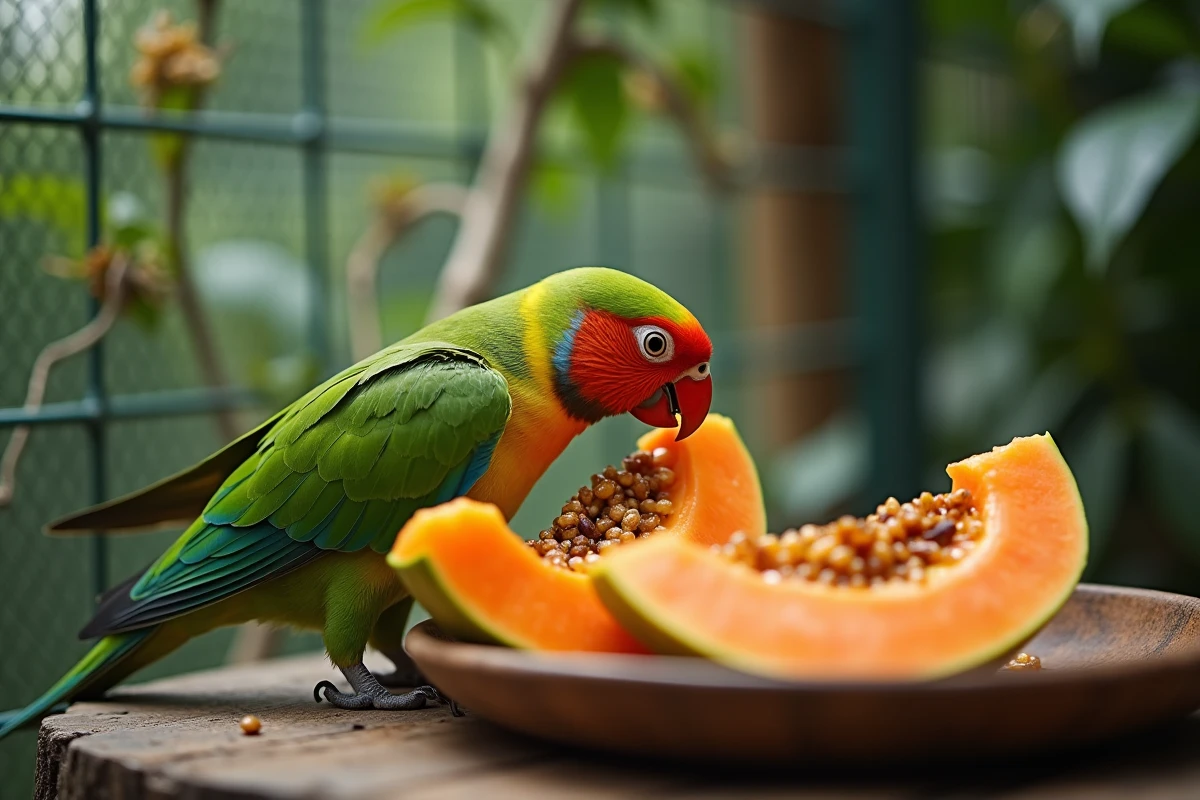 Oiseau vert tête rouge en train de se nourrir de fruits tropicaux dans une volière