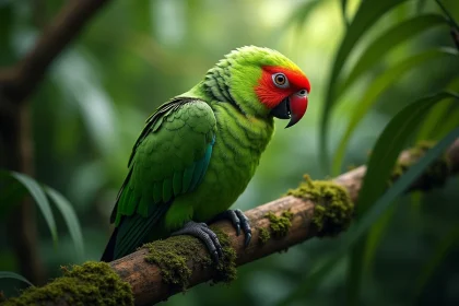 Perroquet vert à tête rouge perché sur une branche en forêt tropicale