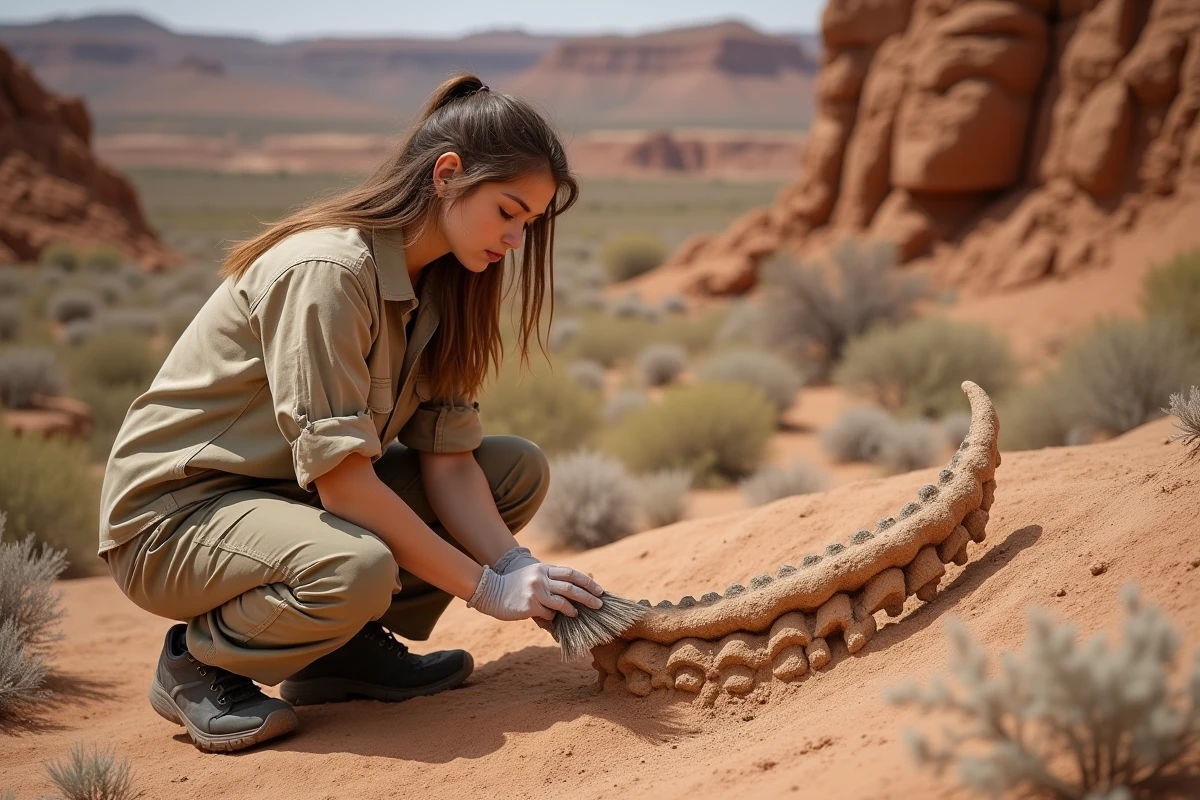 Paléontologue femme fouillant un fossile de dinosaure carnivore dans un paysage de badlands désertique
