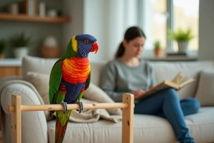 Perroquet arc-en-ciel coloré dans un salon lumineux