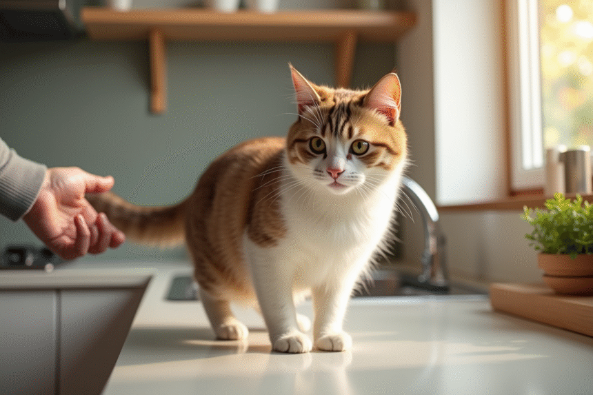Personne guidant doucement un chat curieux hors de la cuisine