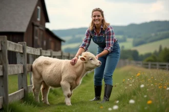 Petite vache fluffy près de la clôture avec une femme en salopette