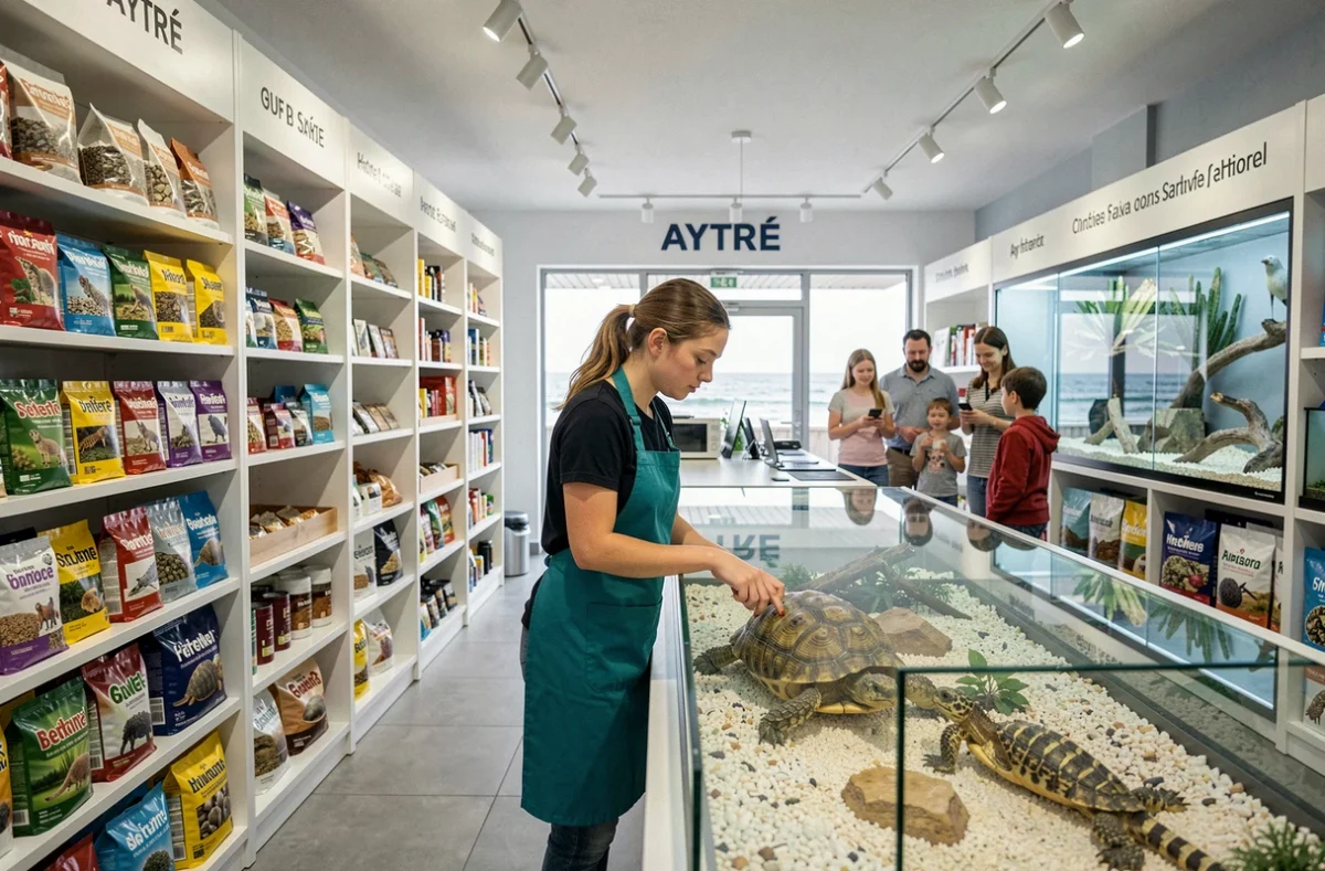 Employée de Planet Animalia à Aytré nourrissant une tortue dans un terrarium sous le regard attentif d'une famille