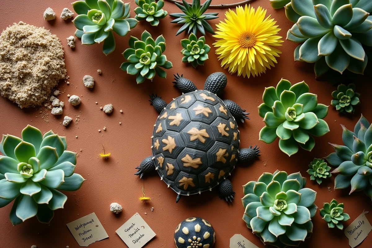 Sélection de plantes comestibles et résistantes pour tortue en terrarium sec présentées en flat-lay
