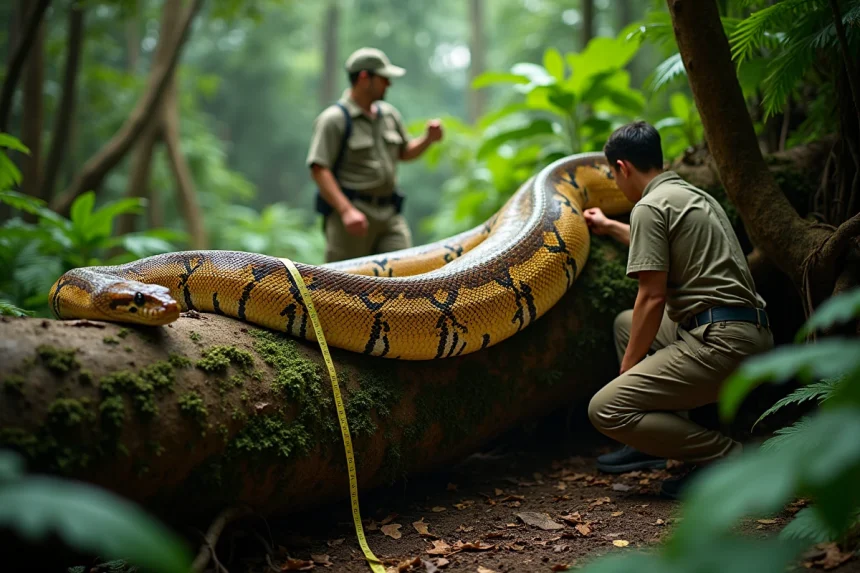 Un python réticulé géant coiled sur le sol d'une forêt tropicale en Asie du Sud-Est, avec un biologiste mesurant sa longueur impressionnante