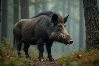 Sanglier sauvage de grande taille dans une forêt européenne brumeuse, illustrant le poids record des plus gros sangliers du monde