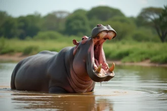Hippopotame adulte debout dans une rivière africaine, bouche ouverte, illustrant le poids imposant de l'espèce