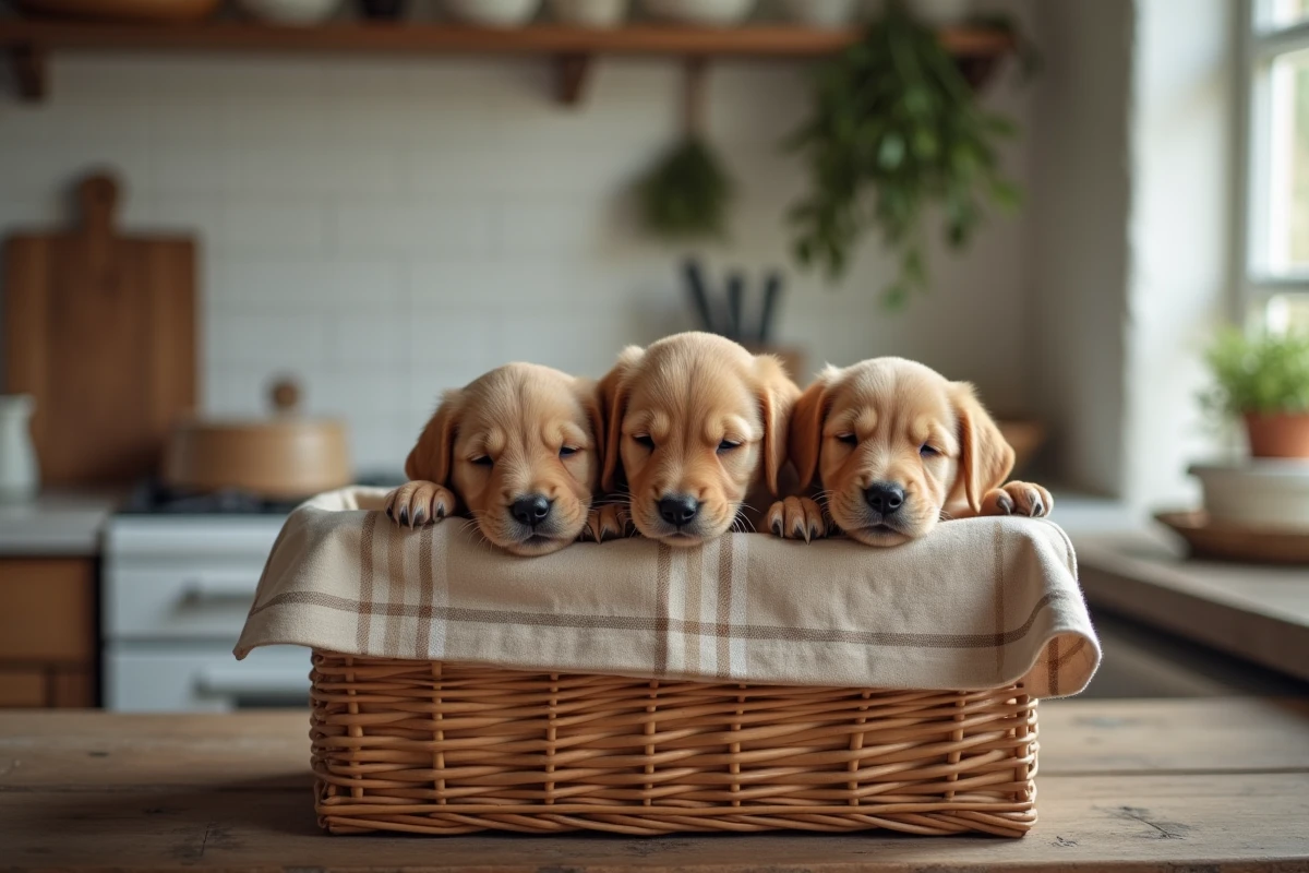 Trois chiots Labrador croisé dans un panier en osier sur une table de cuisine de maison de campagne en Gironde
