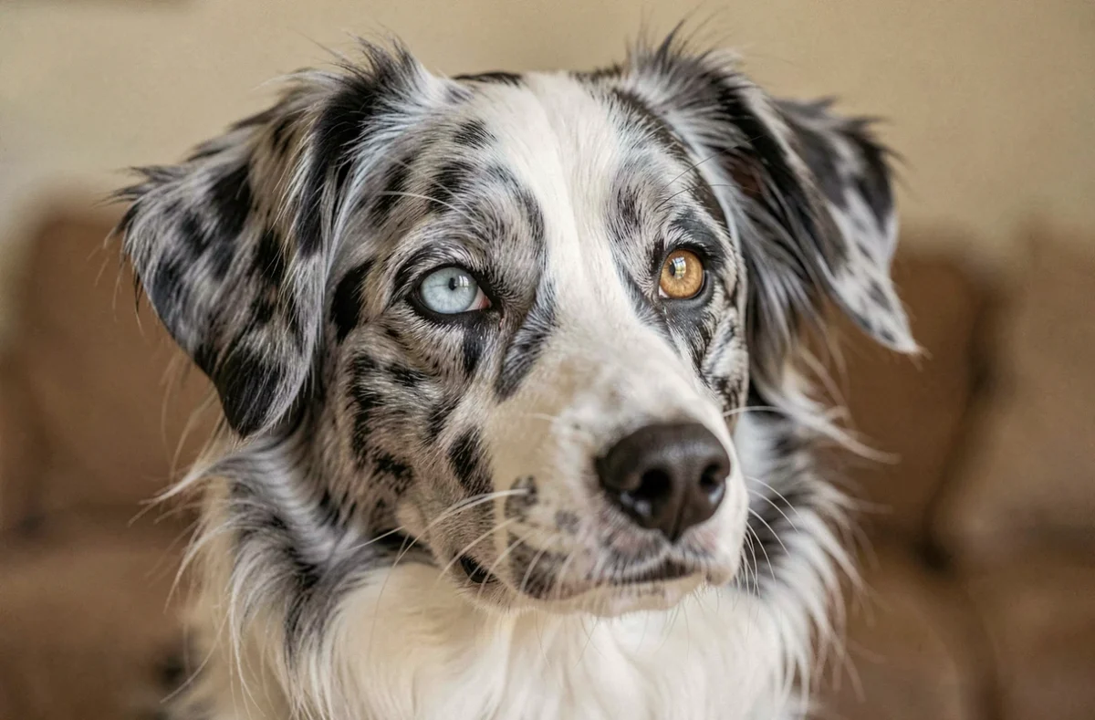 Portrait en gros plan d'un Border Collie bleu merle avec hétérochromie, mettant en valeur les caractéristiques oculaires liées à la génétique merle