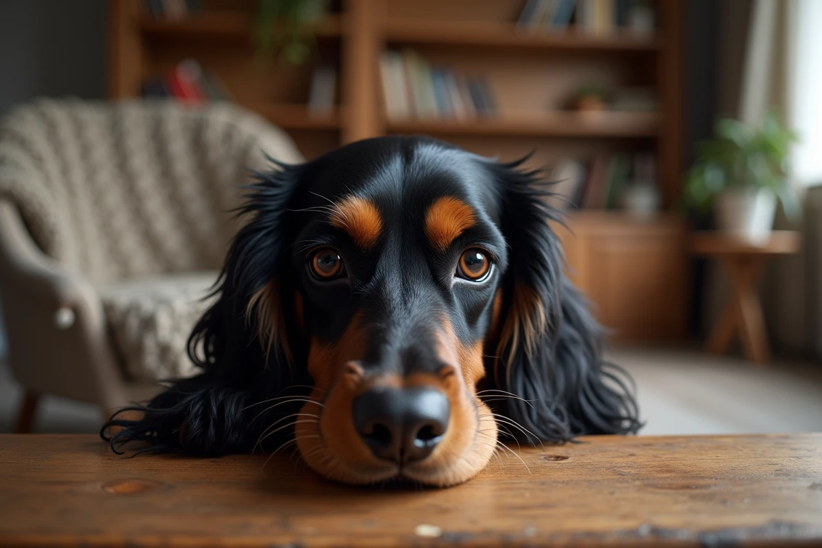 Portrait en gros plan d'un Cocker Spaniel nain aux grands yeux expressifs, mettant en valeur les signes de bonne santé oculaire