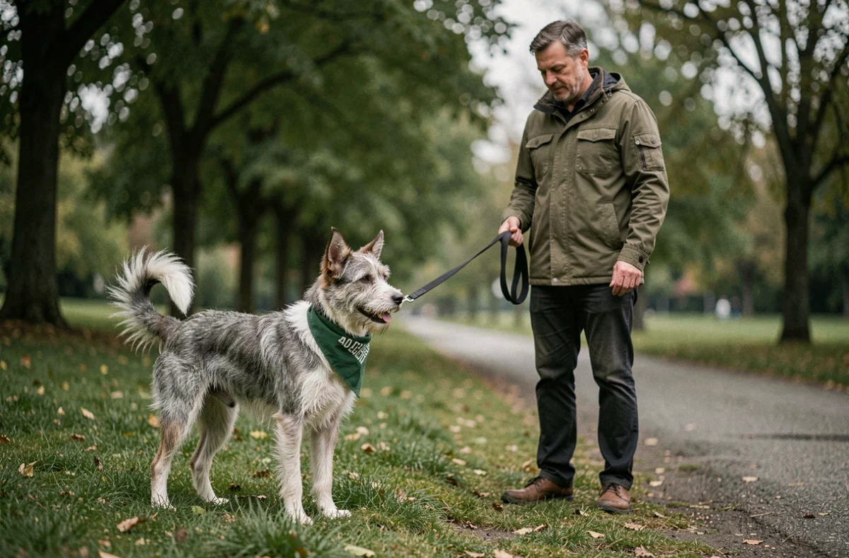 Homme promenant son premier chien adopté en refuge dans un parc, aidé par le dispositif Fonds Saint Bernard