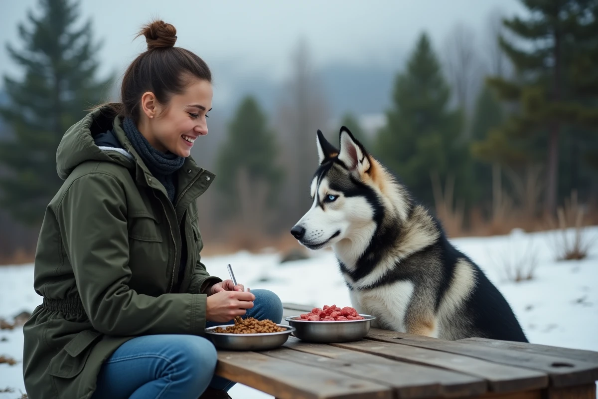 Femme préparant une ration alimentaire équilibrée pour son chien Husky sibérien à l'extérieur en forêt enneigée