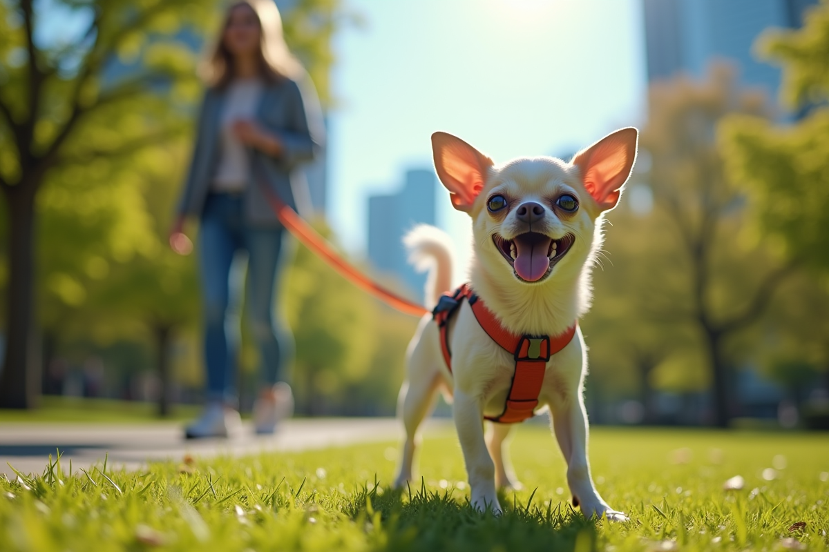 Chihuahua et son propriétaire en promenade dans un parc ensoleille