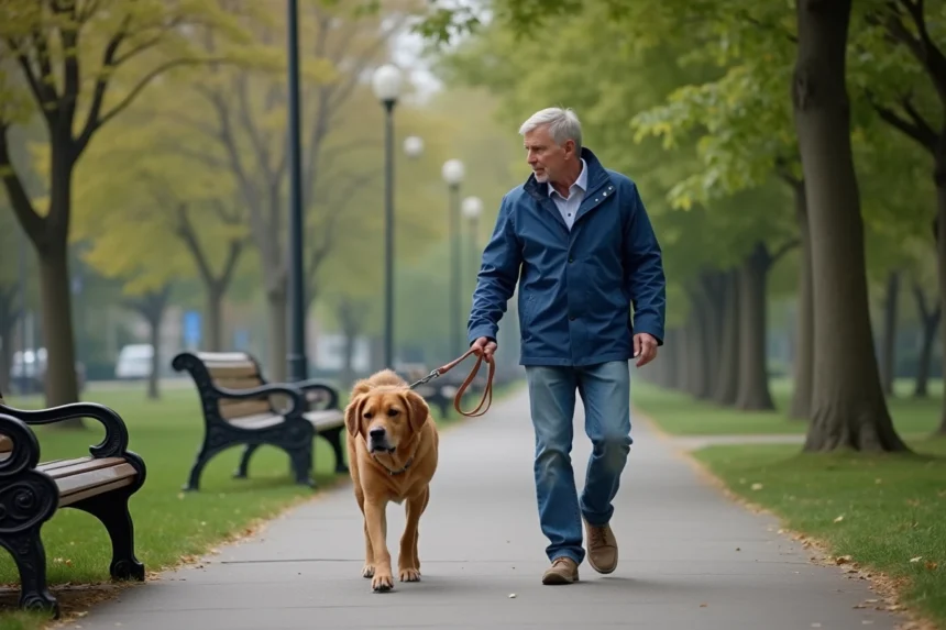 Homme d'âge moyen marchant avec son chien dans un parc urbain