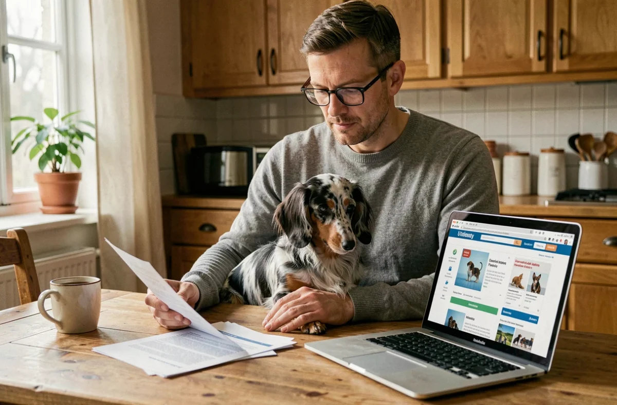 Propriétaire de teckel arlequin à poils longs comparant des offres d'assurance santé animale à la maison avec son chien sur les genoux