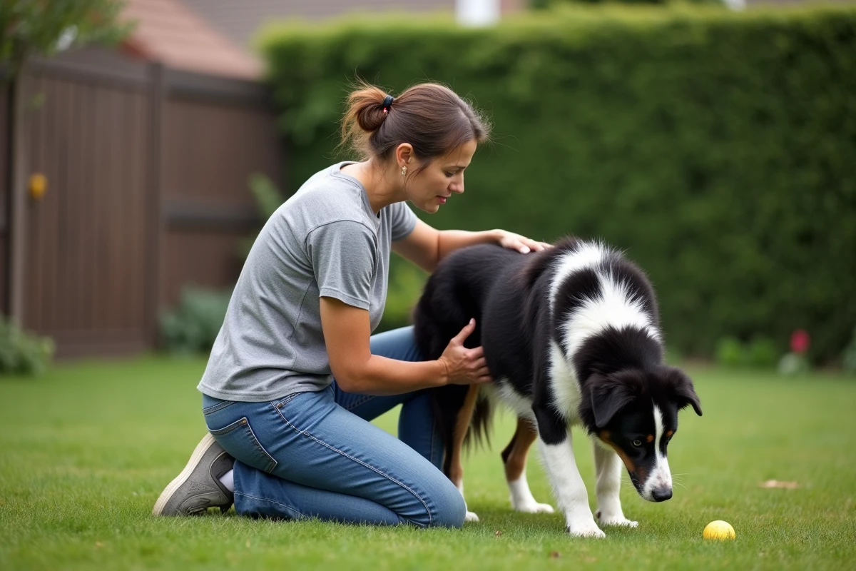 Femme agenouillée dans le jardin consolant son border collie fatigué après une séance d'exercice intense