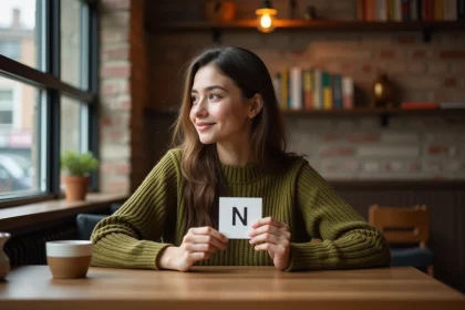 Femme jouant à un quiz sur les animaux commençant par la lettre N dans un café cosy