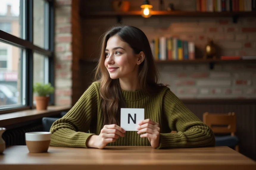 Femme jouant à un quiz sur les animaux commençant par la lettre N dans un café cosy