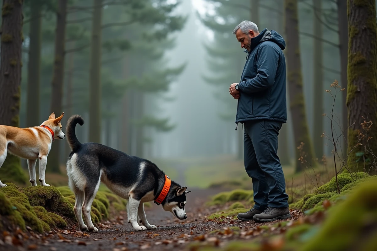 Randonneur surveillant trois chiens équipés de colliers GPS trackers en forêt via une montre connectée