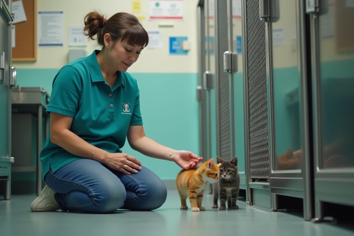 Bénévole d'un refuge animalier en Île-de-France présentant des chatons de 3 mois à adopter dans leur cage, démarche d'adoption responsable