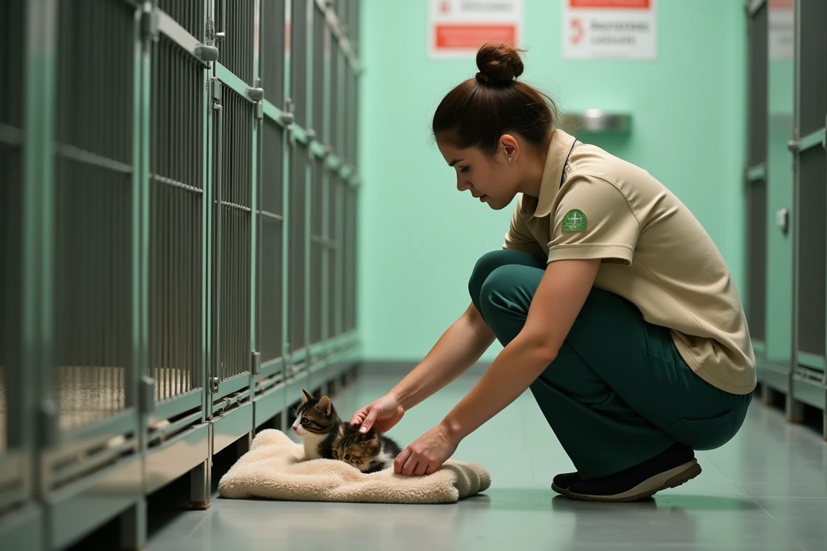 Bénévole d'un refuge animalier du Var tendant la main vers des chatons en cage, adoption responsable