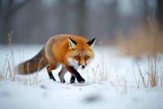 Renard avançant prudemment sur sol enneige avec pousses vertes
