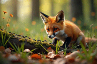 Jeune renard roux observant des fourmis dans la forêt