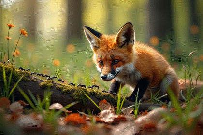Jeune renard roux observant des fourmis dans la forêt