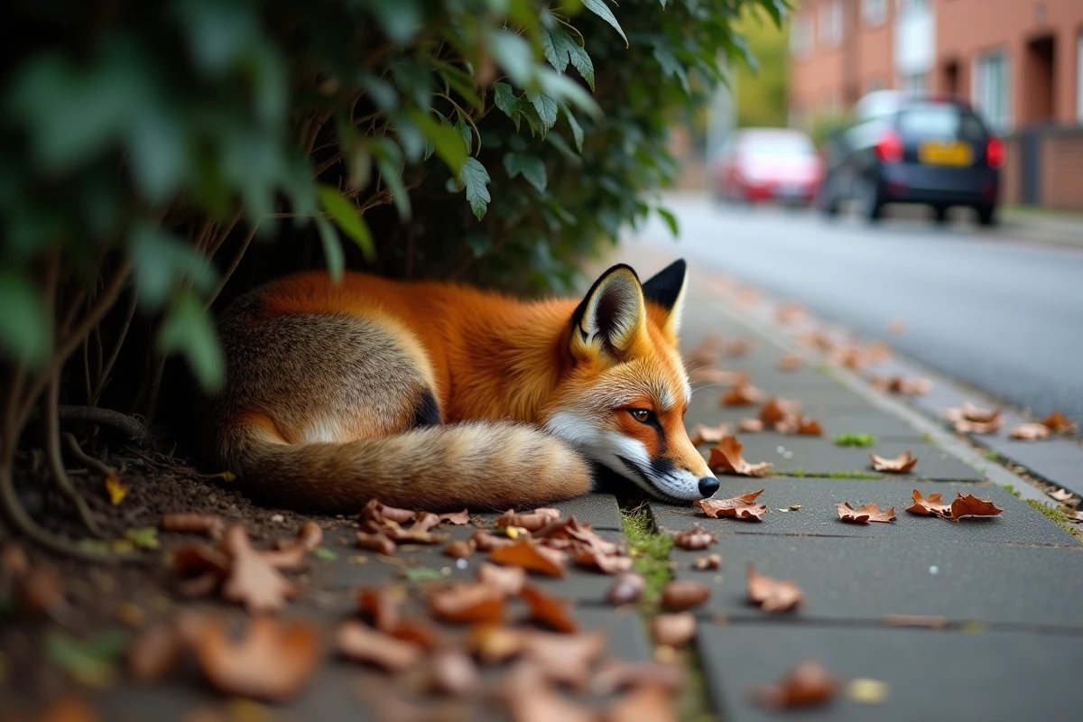 Renard roux au repos sous une haie urbaine dans un quartier résidentiel, camouflé parmi les feuilles mortes