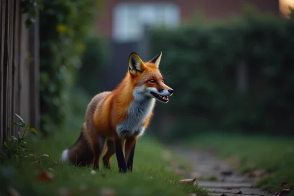 Renard roux en train de crier dans un jardin de banlieue au crépuscule, gueule ouverte et fourrure détaillée