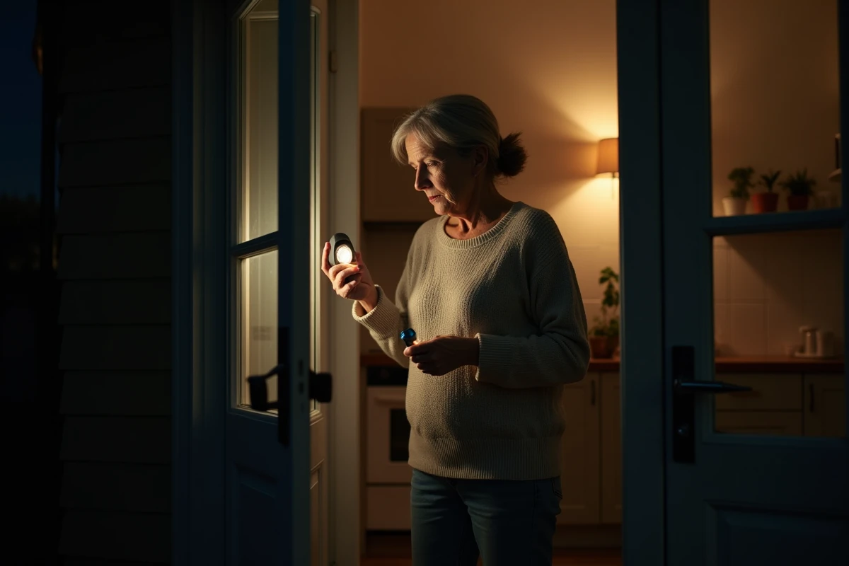 Femme inquiète regardant dans son jardin nocturne après avoir entendu le cri d'un renard
