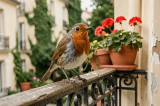 Rouge-gorge posé sur la rambarde d'un balcon avec des jardinières fleuries en arrière-plan
