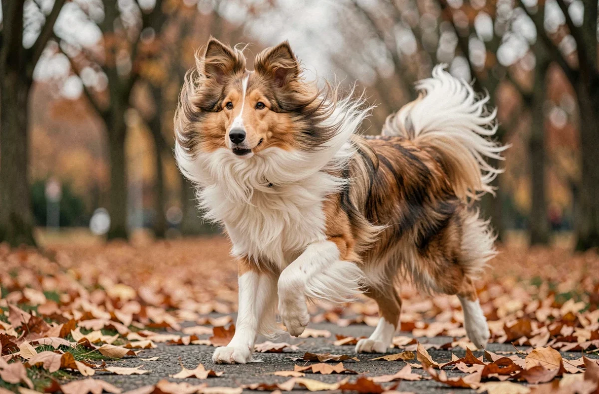 Rough Collie au pelage soyeux sable et blanc courant dans un parc en automne avec des feuilles mortes au sol