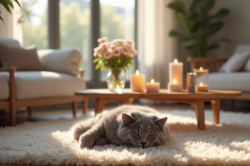 Salon moderne avec chat gris sur tapis beige et bougies