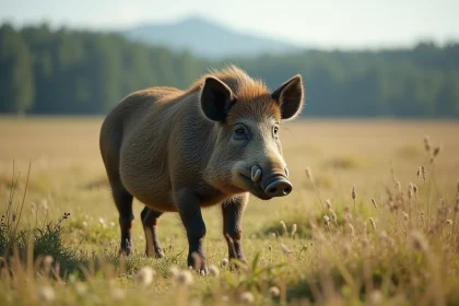 Sanglier mâle dans une prairie ensoleillee