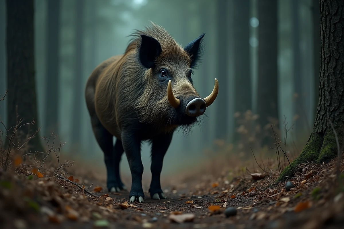 Énorme sanglier sauvage aux défenses prononcées photographié dans une forêt tempérée, illustrant le gabarit exceptionnel des plus gros spécimens mondiaux