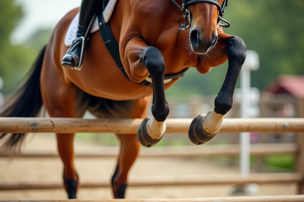 Jambes de cheval sautant un obstacle lors d